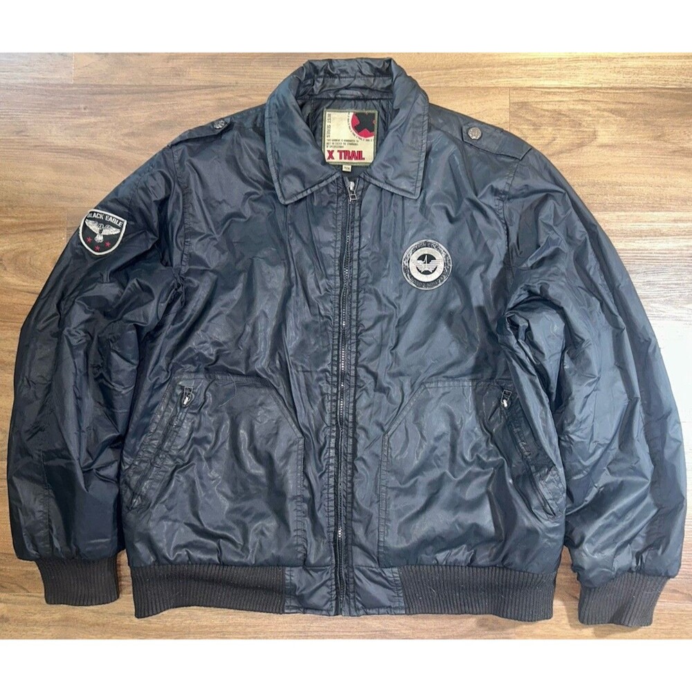 Vintage X-TRAIL Military Flight Jacket Black Bomber Black Eagle Patch *AS IS*